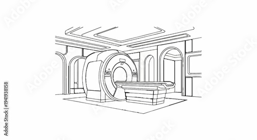 A detailed sketch of a large medical imaging machine in a room