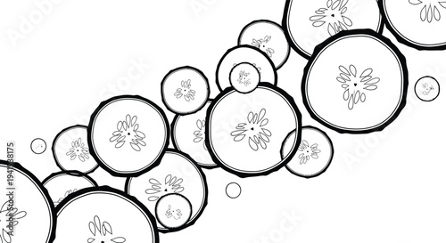 Arrangement of sliced cucumbers depicted in a minimalist black and white graphic silhouette high quality professional