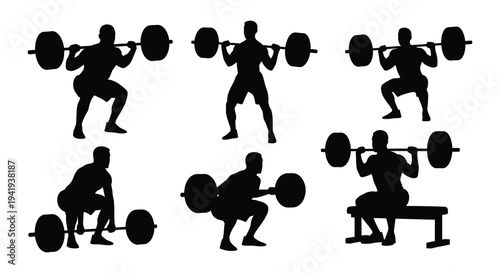 Multiple black silhouettes of weightlifters performing various exercises in a gym silhouette high quality professional detailed