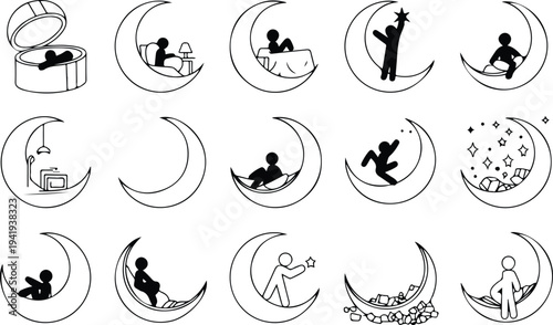 Set of 14 moon sleeping icons vector