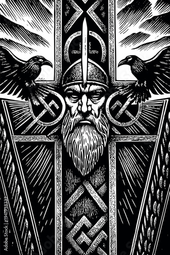 Viking warrior stands tall with ravens perched on his shoulders in a Nordic scene with bold patterns and symbolism Generative AI