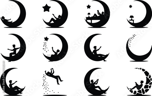 Set of 12 moon and people icons vector