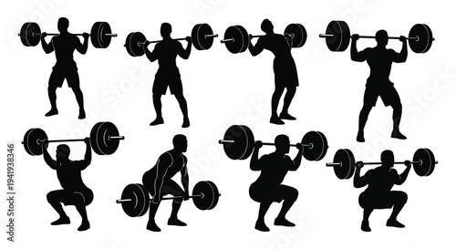 A series of weightlifters in various poses showcasing strength and athletic power silhouette high quality