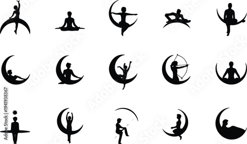 Set of 16 yoga icons vector, black silhouettes