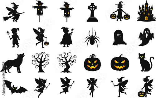 Halloween silhouettes featuring witches, ghosts, pumpkins, haunted castle, bats, black cat, spooky trees, gravestones, costumes, vector illustration for seasonal themes