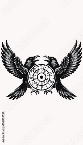 Two black birds with spread wings holding a symbol with runes in the center on a plain background Generative AI