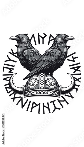 Design features two black ravens on a Viking helmet with runes and symbols in a circular pattern Generative AI