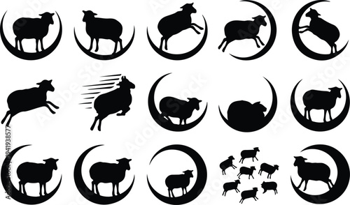 Set of 16 sheep icons vector, black silhouettes