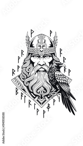 Viking warrior with long beard and raven standing against runes in black and white design Generative AI