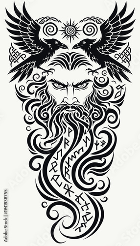 View of a Viking god design with Norse symbols and two ravens at the top, showing ancient artistic style and cultural meaning Generative AI