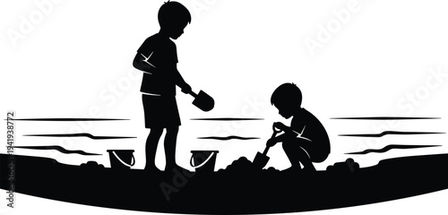 Black silhouette of two young children playing in the sand with shovels and buckets at the beach shore isolated on a white background