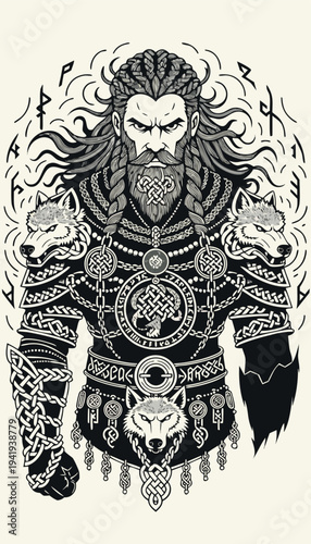 norse-god-tyr-warrior-portrait--one-hand-missing--.epsStrong warrior stands with wolves, wearing armor in a Nordic style, showing runes and symbols from ancient culture Generative AI