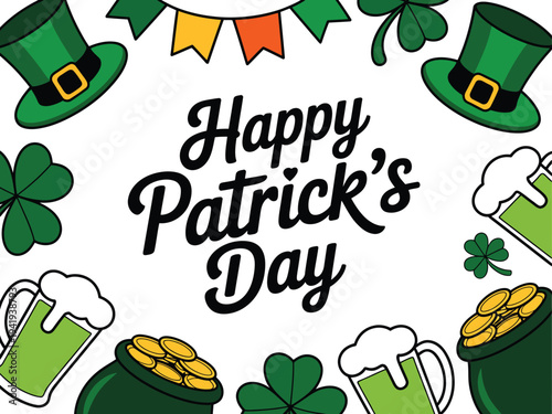 St. Patrick's Day border features green top hats, frothy beer mugs, and pots of gold coins.