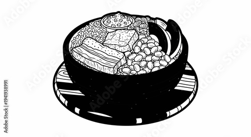 A detailed sketch of a rich, multi-layered food bowl with meat and beans