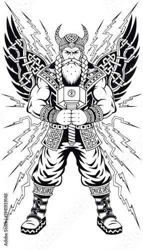 Viking warrior stands strong with a hammer and wings while lightning strikes in the background during a mythical event Generative AI
