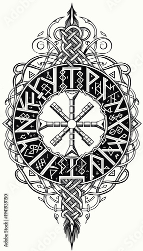 Norse compass design with runes and intricate patterns on a plain background Generative AI