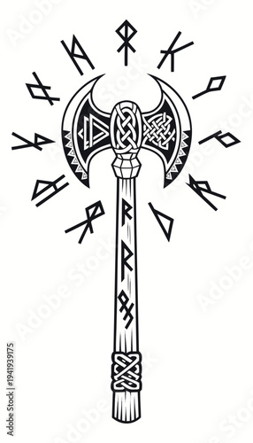 Viking axe design with runes and intricate patterns from Norse culture on a plain background Generative AI