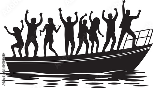 Group of people celebrating on a boat with raised arms and joyful expressions water celebration desi