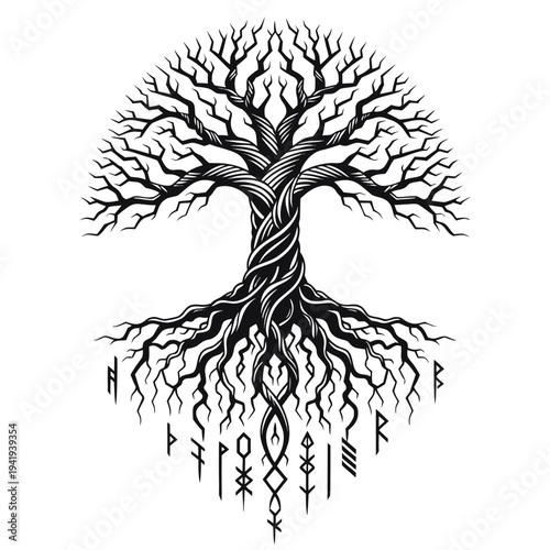 Creative design of a large tree with roots and runes surrounded by a circle shape on white background Generative AI