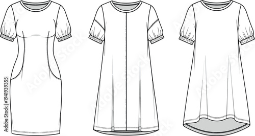 Set of three fashion technical sketches showing womens casual summer dress variations including bodycon princess seam and relaxed trapeze silhouettes