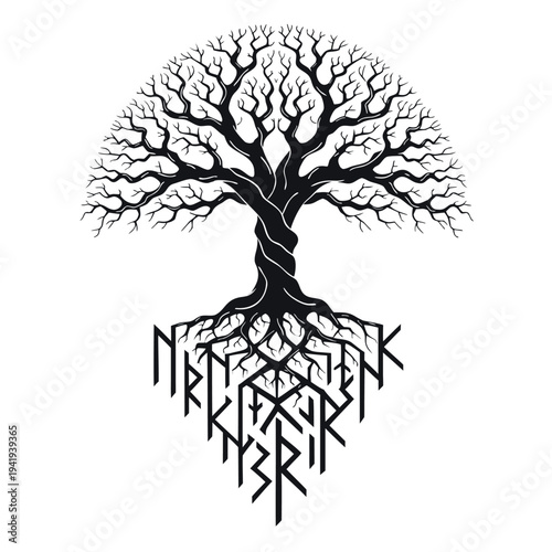 Tree design with intricate patterns and symbols in a black and white color scheme on a plain background Generative AI