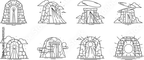 Collection of stylized ancient stone portals and gateways with mystical light effects