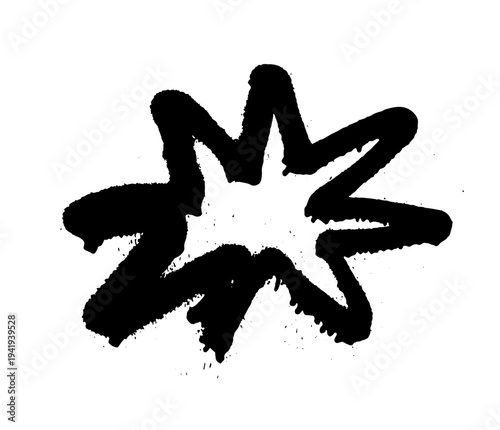 Black spray paint splash shaped like star with rough edges and scattered ink droplets. Grunge paint symbol isolated on white background.