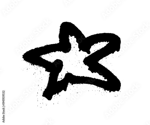 Black spray paint splash shaped like star with rough edges and scattered ink droplets. Grunge paint symbol isolated on white background.