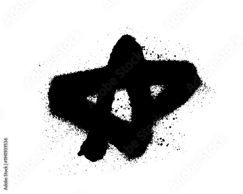 Black spray paint splash shaped like star with rough edges and scattered ink droplets. Grunge paint symbol isolated on white background.