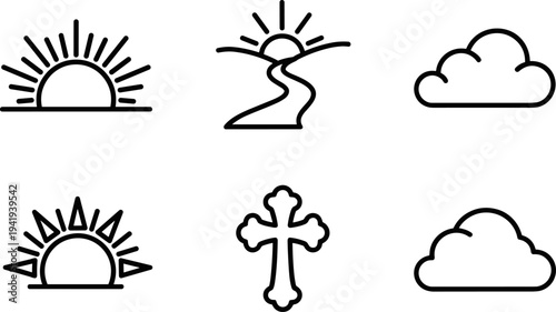 Collection of simple line icons representing nature and faith elements