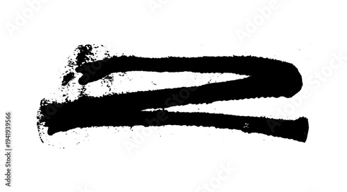 Black spray paint stroke shaped like letter Z or zigzag line with rough edges and aerosol splatter. Grunge ink illustration isolated on white background.