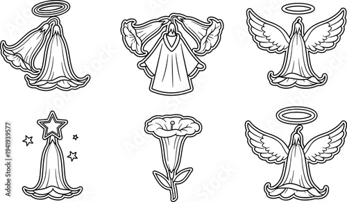 Collection of stylized angel and floral line art icons with halos and stars