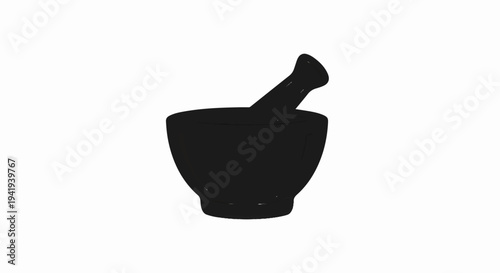 A simple black mortar and pestle on a white background