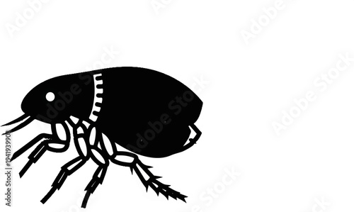 A simple black silhouette of a flea with detailed legs and antennae