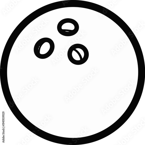 A simple, bold black and white line drawing of a bowling ball with three finger holes