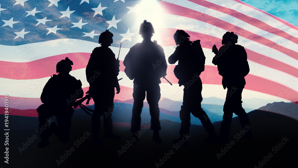 Fototapeta premium Soldiers stand in front of American flag during Iran USA conflict war setting
