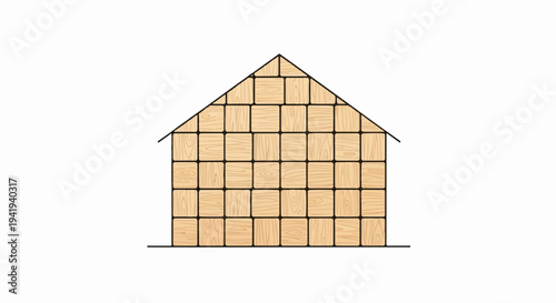 A simple house shape made of light brown wood grain square tiles