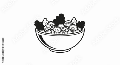 A simple, black and white illustration of a salad in a bowl