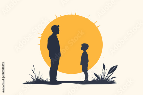 A black vector illustration of a romantic couple and their children sharing a moment of love under a palm tree at the beach during a summer sunset