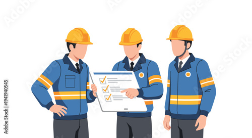 Construction team discussing project plans in safety gear