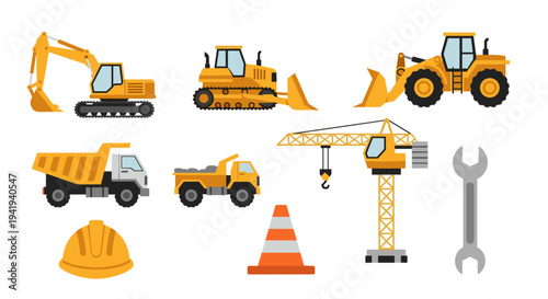 Construction vehicles and tools icons set in flat design style