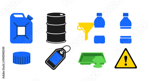 Colorful icons of oil industry equipment and safety signs