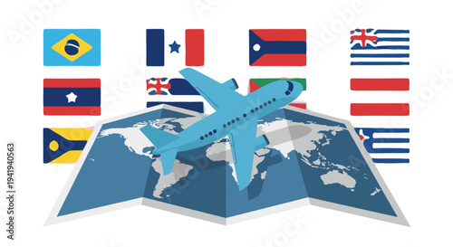 Airplane over world map with international flags in background