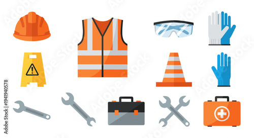 Safety equipment collection with helmet, vest, tools, and first aid kit in flat design