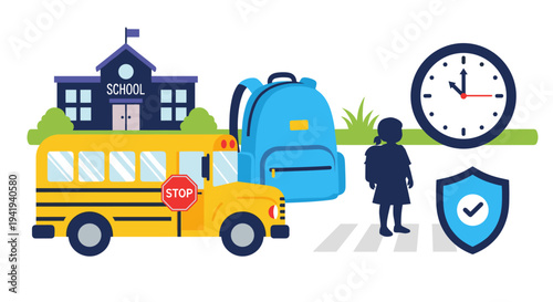 School safety concept with school bus, backpack, clock, and child silhouette