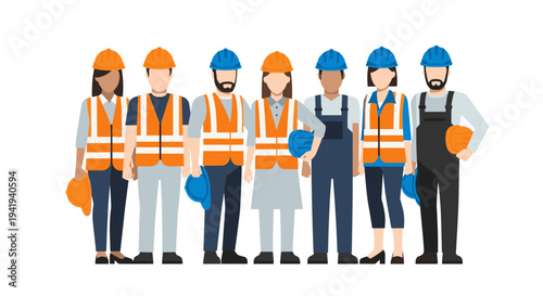 Diverse construction team with safety helmets and vests in flat design