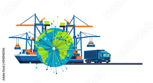 Global trade concept with cargo ship, crane, and truck in colorful flat style