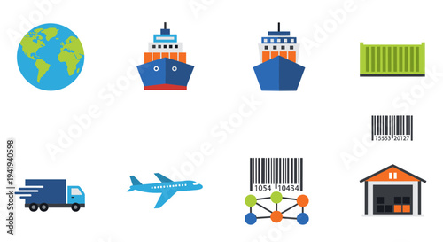 Global shipping icons with earth, ships, barcode, and warehouse in flat design