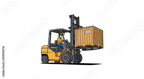 Worker operating a forklift lifting a wooden crate