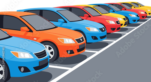 Colorful cars parked in a row with clean simple design and bright tones